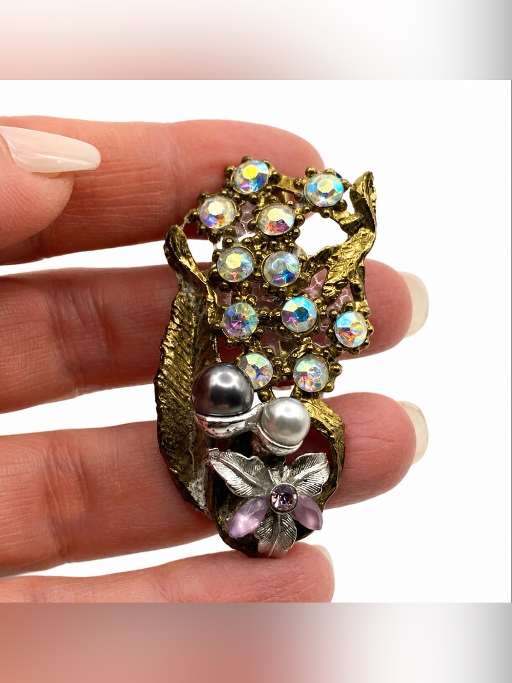 Gold Tone Rhinestone and Aurora Borealis Floral Spray Brooch Unmarked